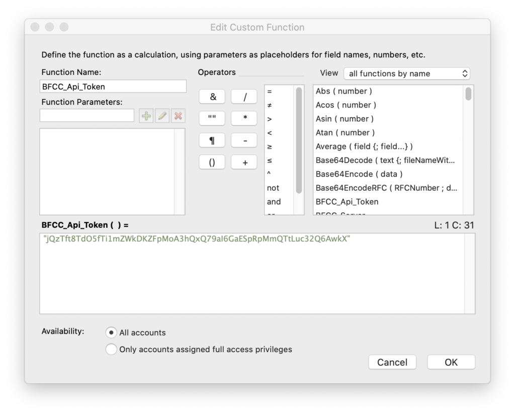 FileMaker Edit Custom Function dialog window