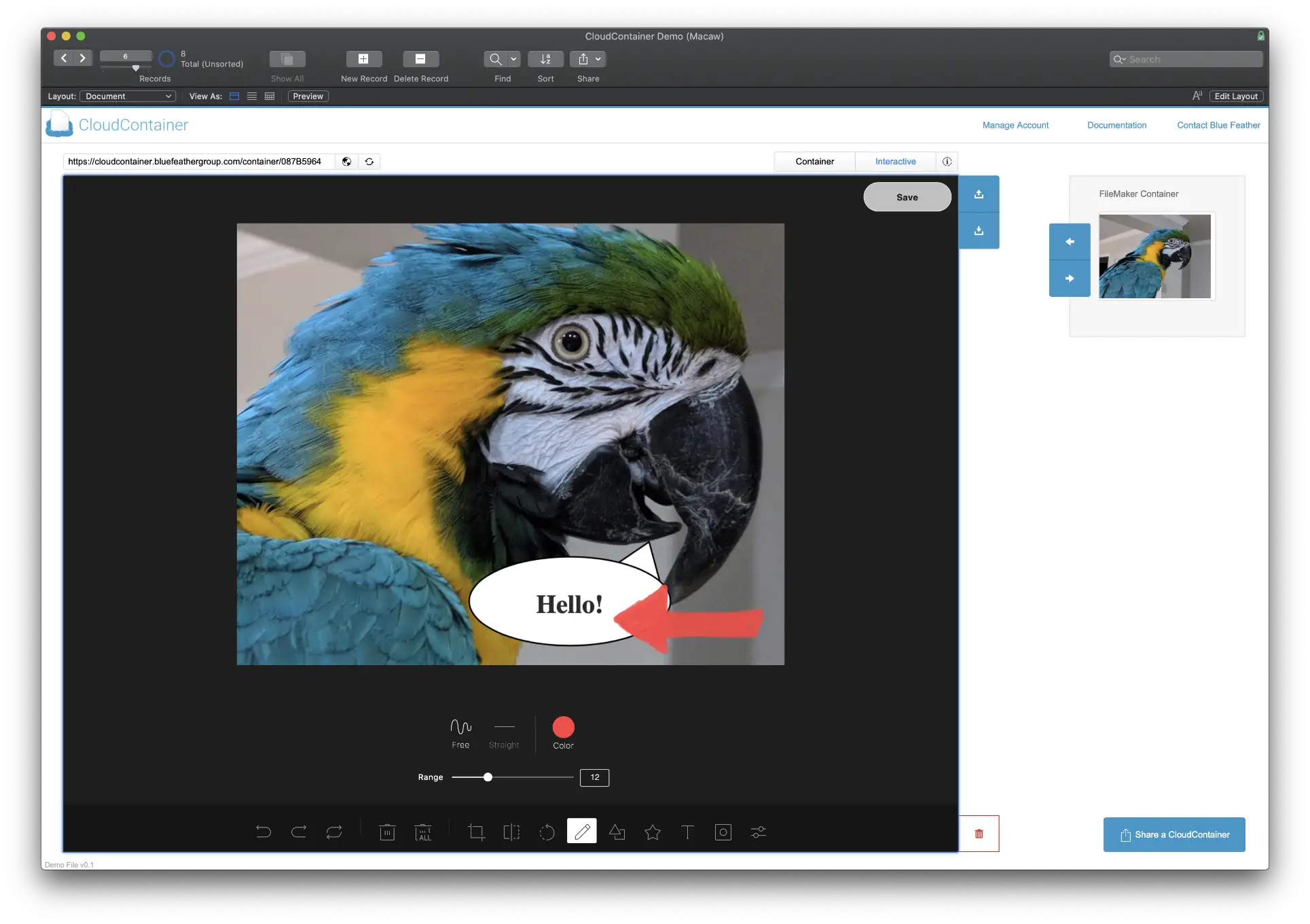Screenshot of the markup utility in CloudContainer being used to edit a photo of a macaw